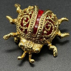 Vintage Gold and Red SFJ  Beetle Scarab Brooch Pin